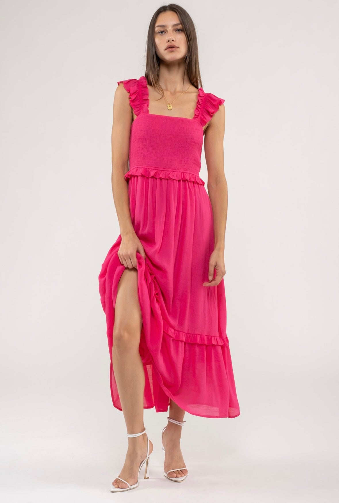 Flutter Sleeve Smocked Midi Dress-Fuchsia – The Crown Boutique Flutter Sleeve Smocked Midi Dress-Fuchsia – The Crown Boutique