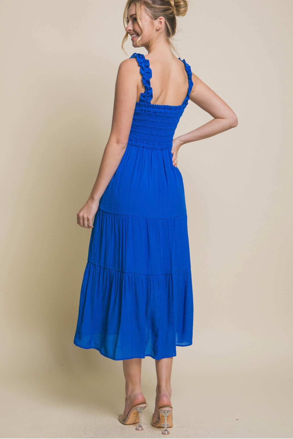 Smocked Bodice Ruffle Strap Dress-Royal Blue