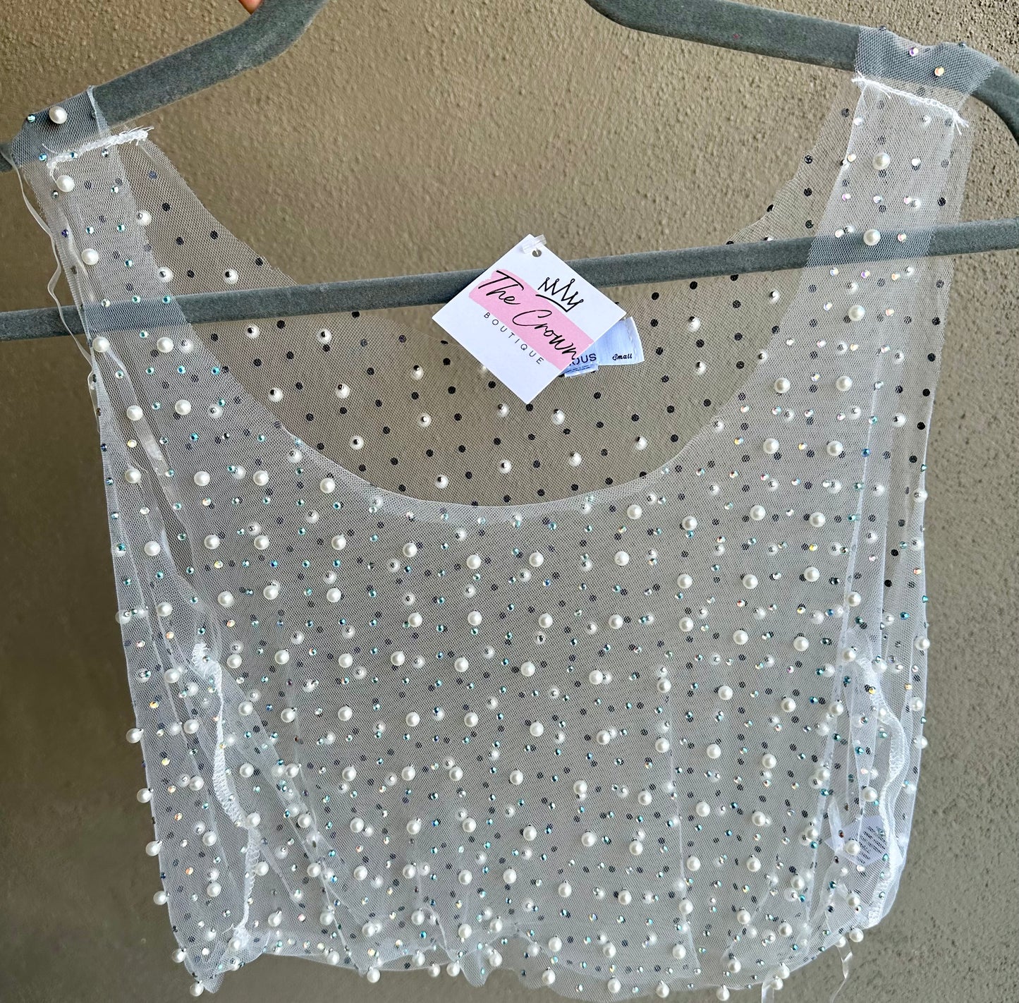Pearl and Rhinestone Sheer Crop-Ivory