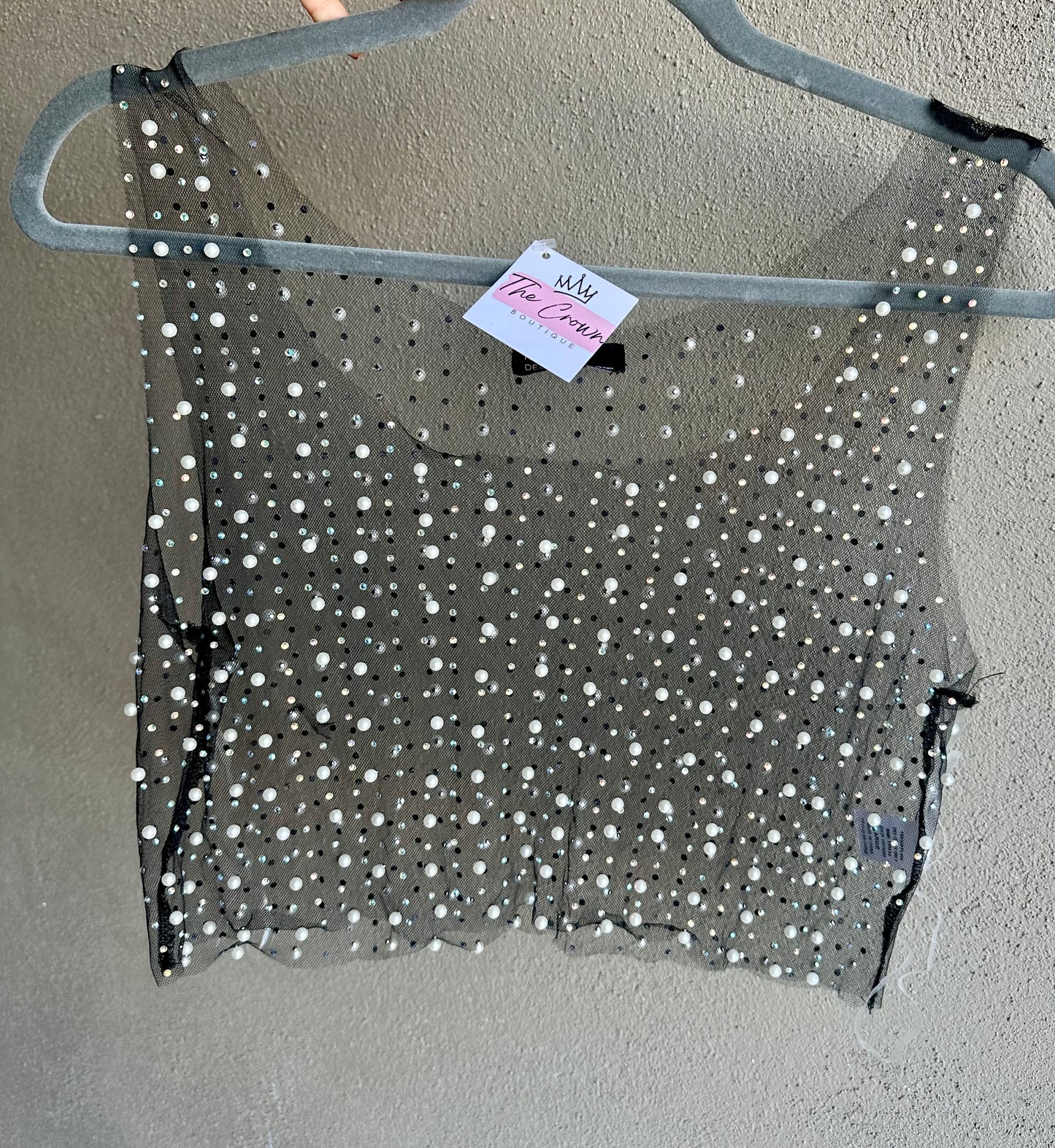 Pearl and Rhinestone Sheer Crop- Black