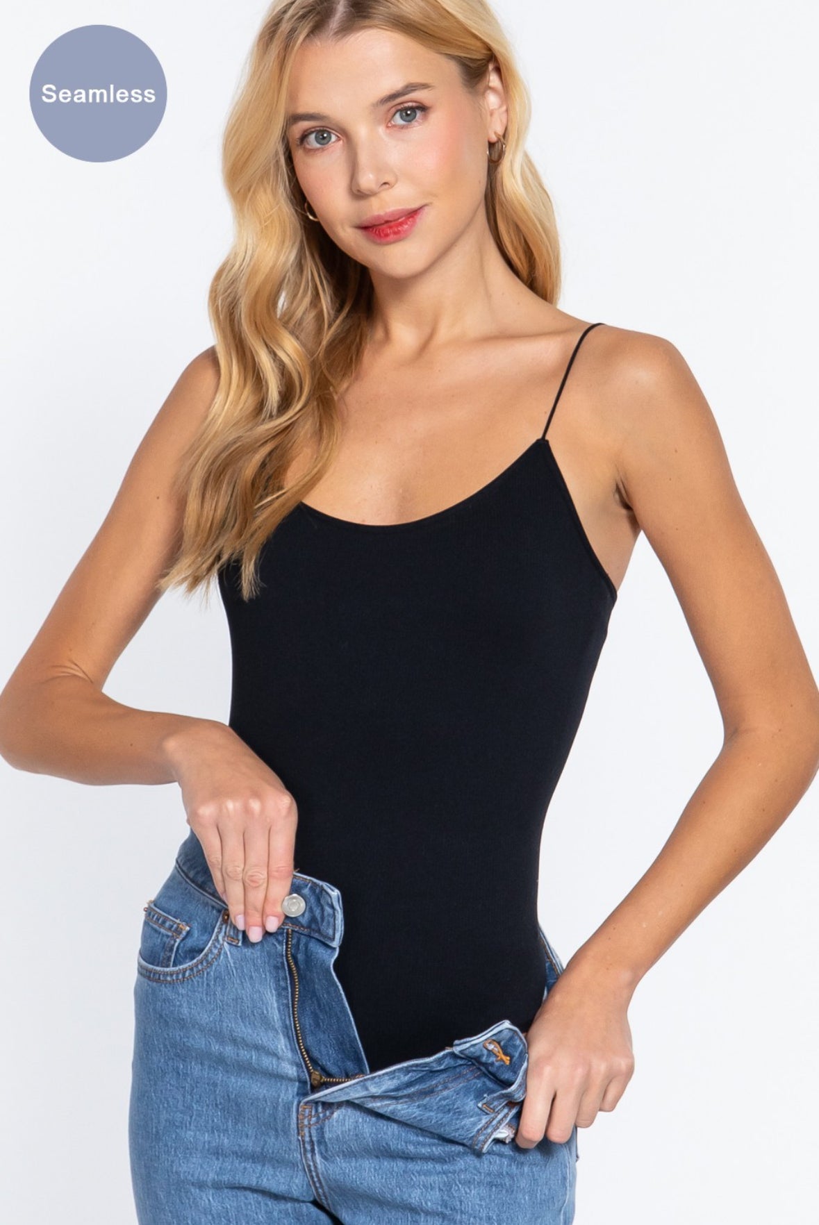 Seamless Ribbed Skinny Strap Bodysuit- Black