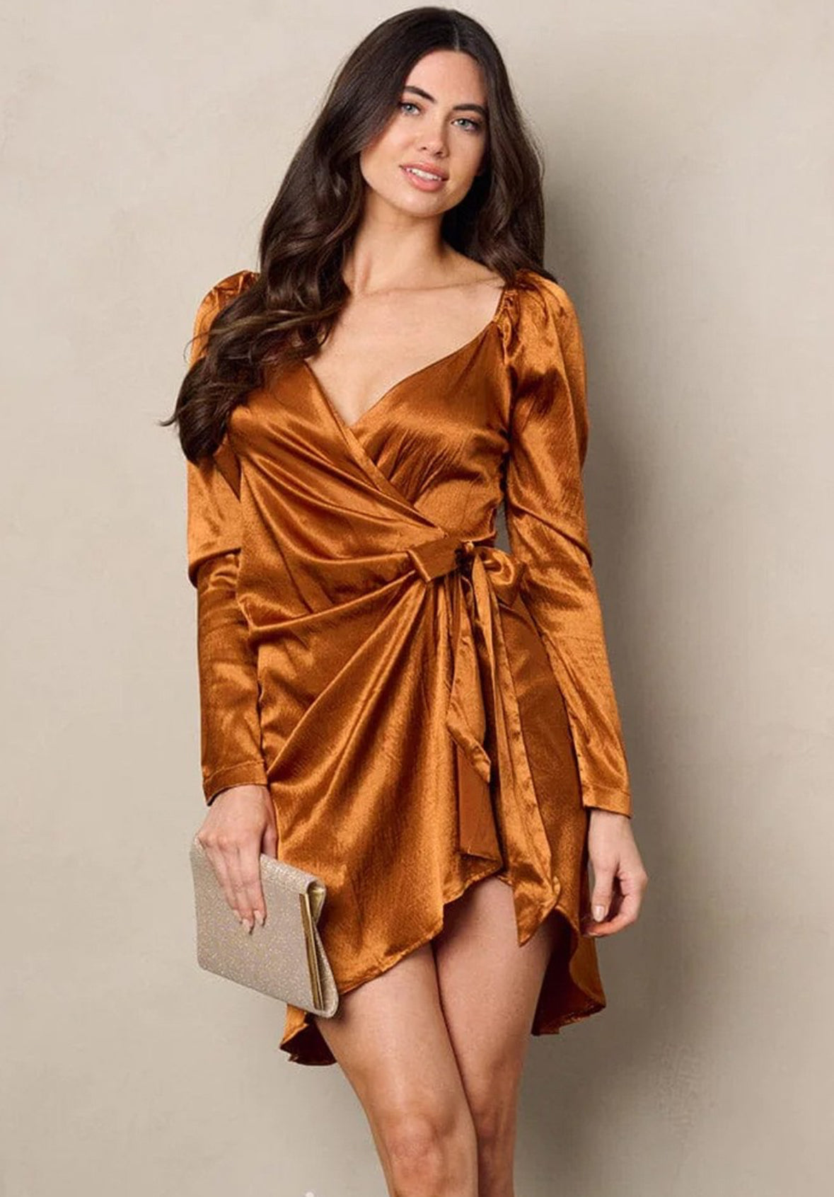 Satin Long Sleeve Wrap Dress-Copper