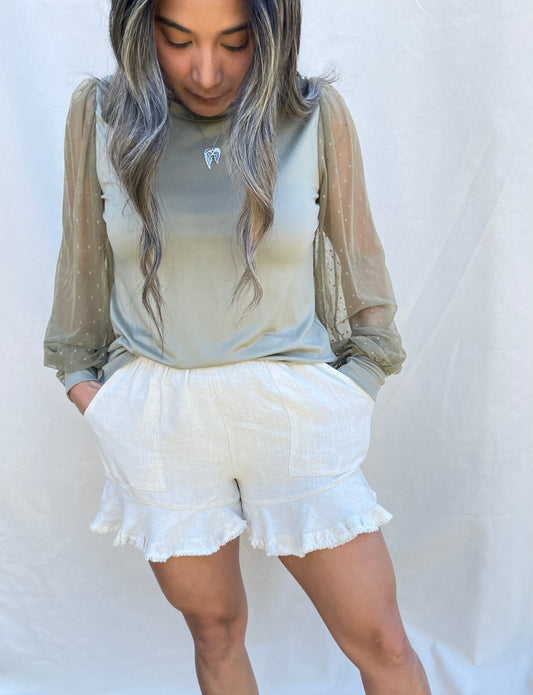 Linen Blend Ruffle Hem Shorts