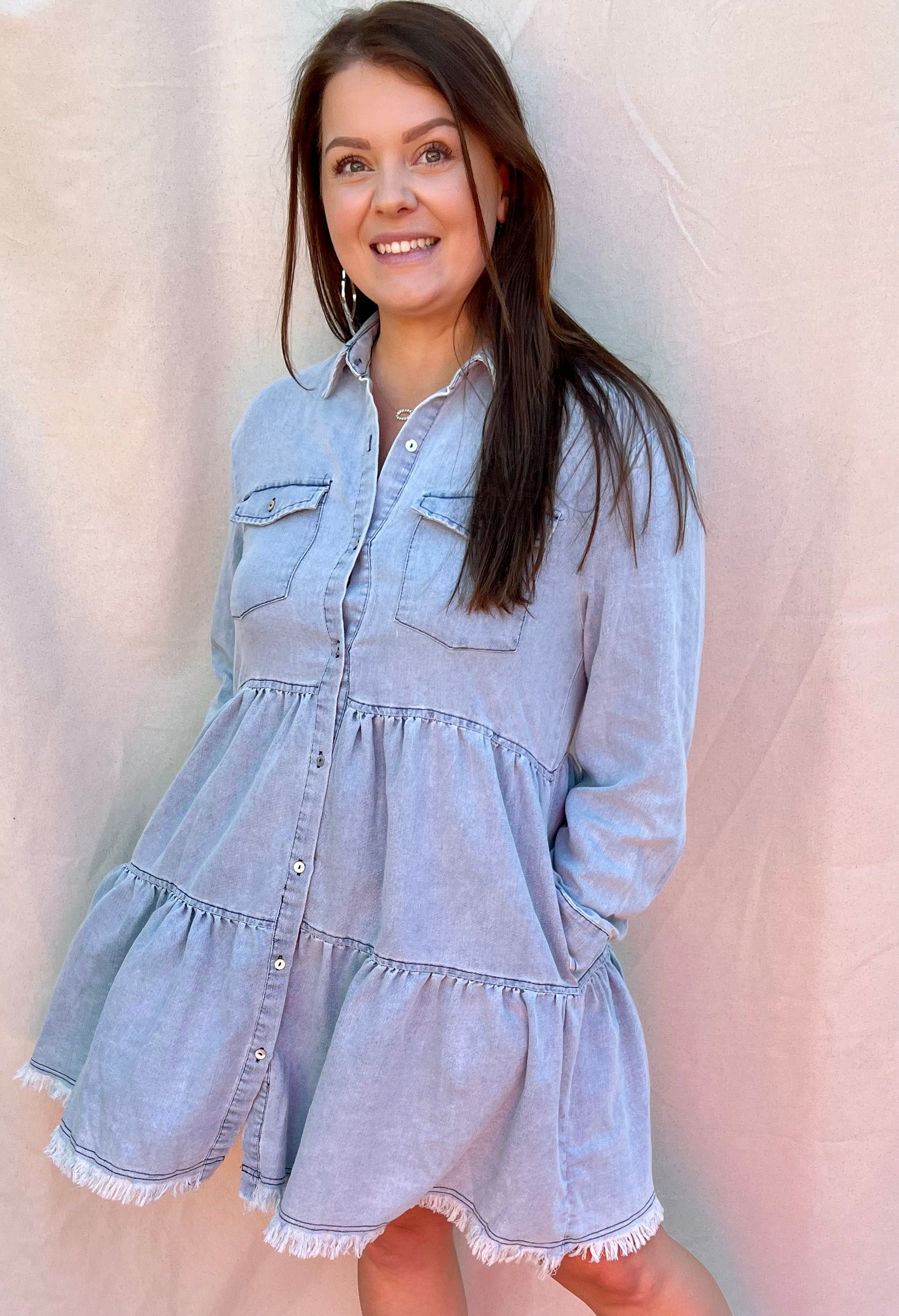 denim tiered shirt dress Denim Tiered Button Front Shirt Dress
