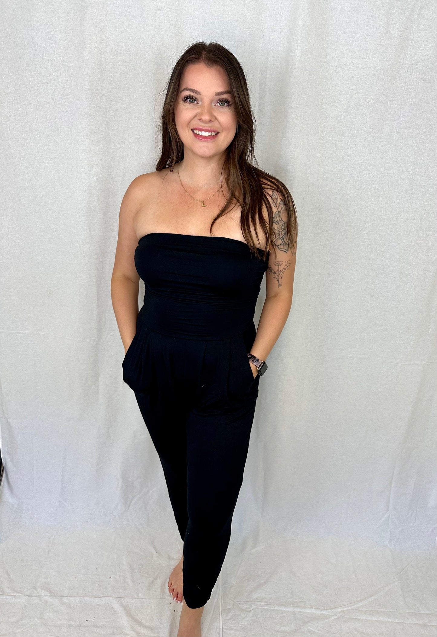 Favorite Strapless Ruched Jumpsuit- Black