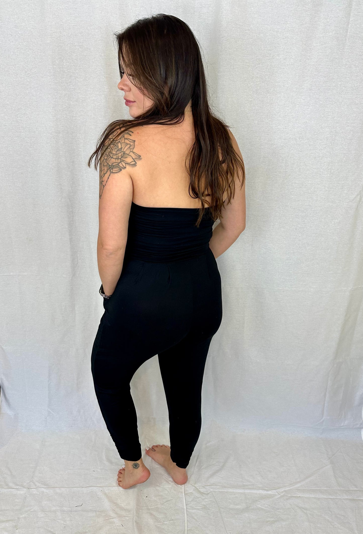 Favorite Strapless Ruched Jumpsuit- Black