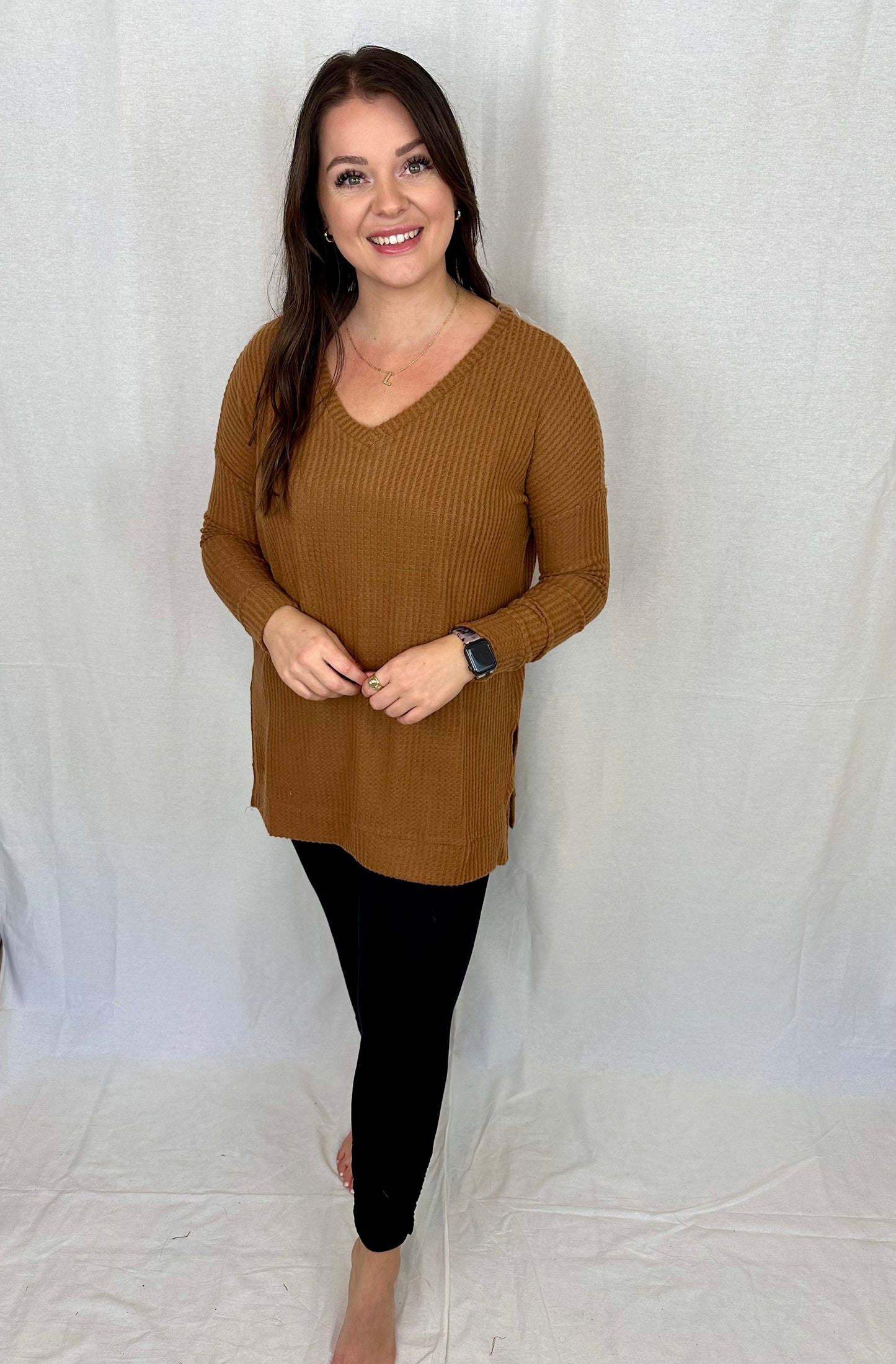 Waffle V-Neck Sweater-Caramel