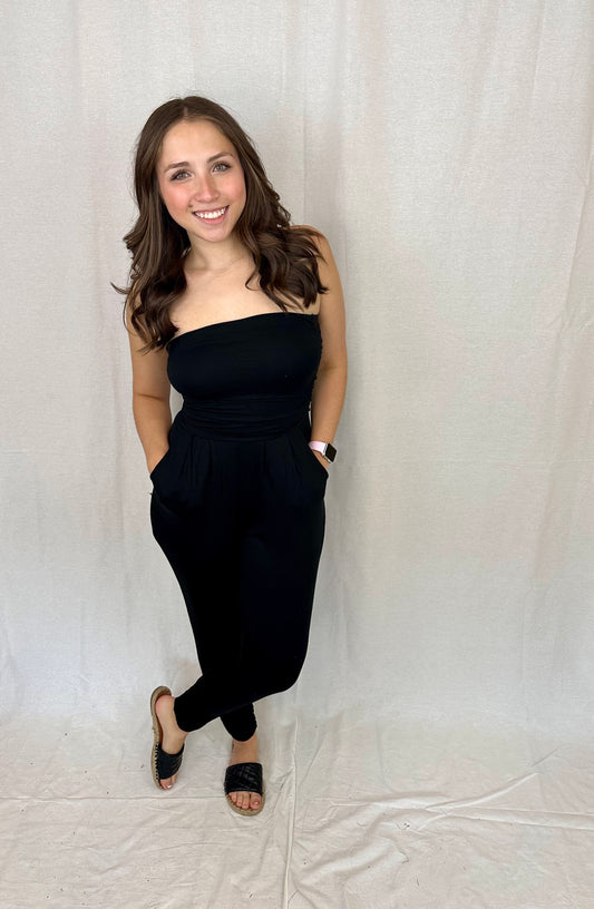 Favorite Strapless Ruched Jumpsuit- Black