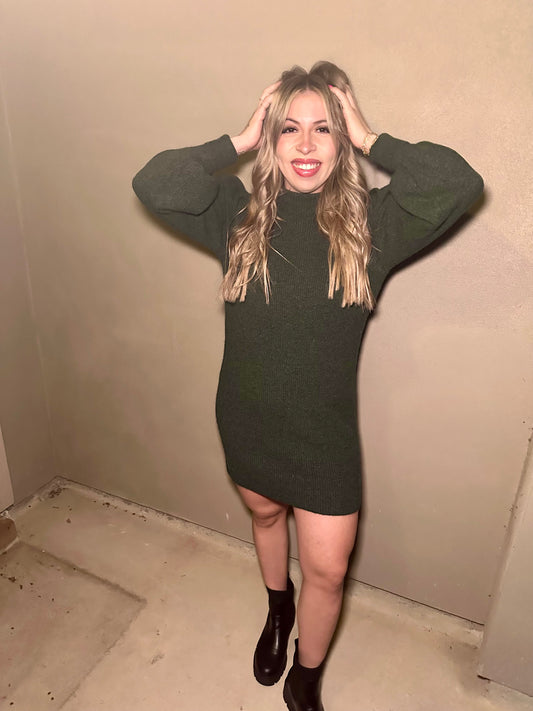 Mock Neck Sweater Dress-Hunter Green