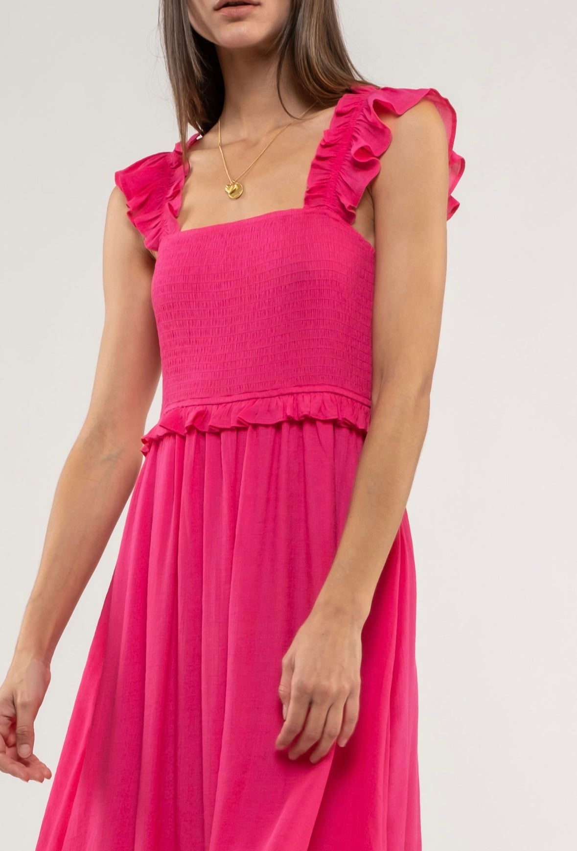 Flutter Sleeve Smocked Midi Dress-Fuchsia