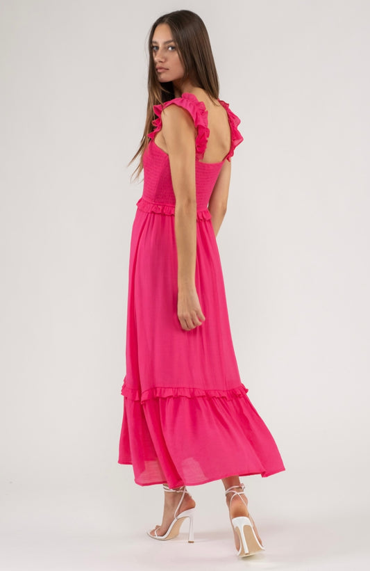 Flutter Sleeve Smocked Midi Dress-Fuchsia