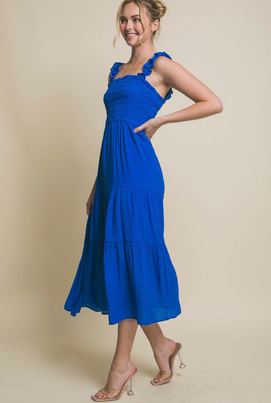 Smocked Bodice Ruffle Strap Dress-Royal Blue