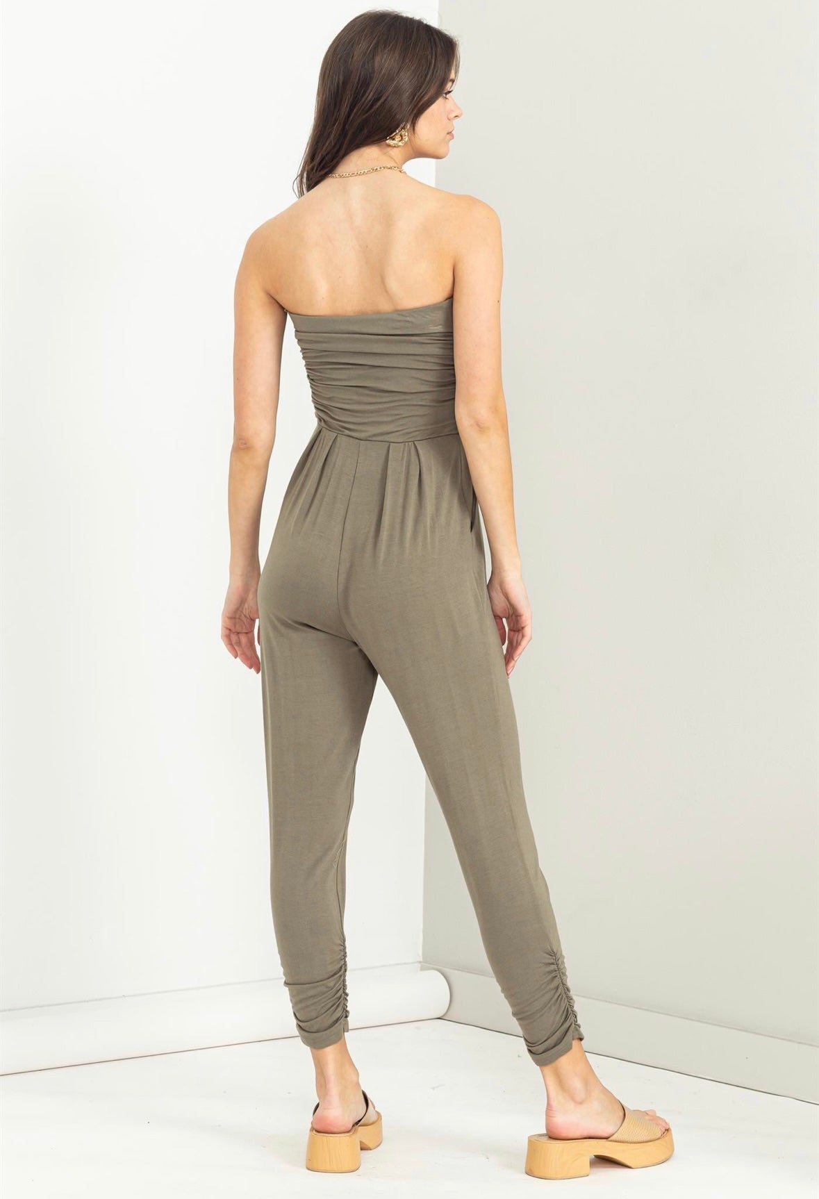 Favorite Strapless Ruched Jumpsuit- Olive