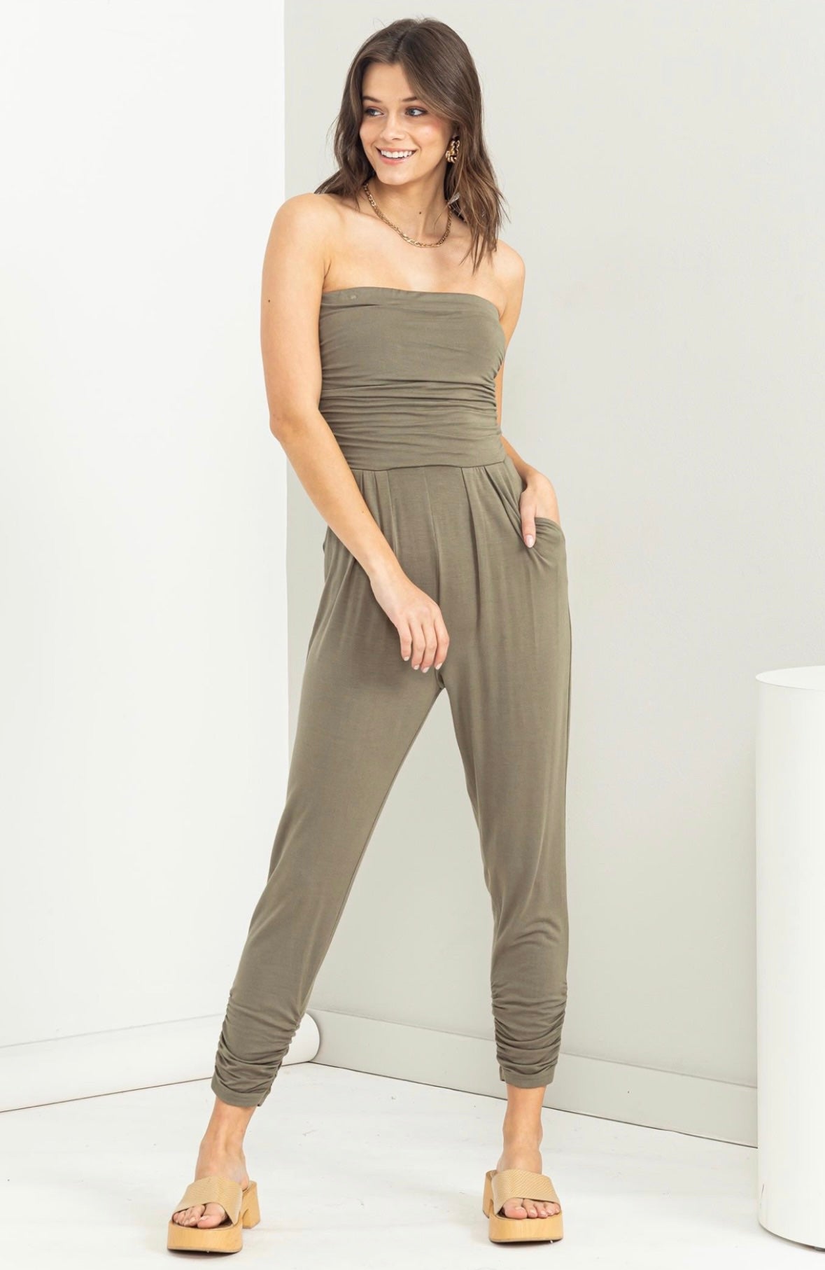 Favorite Strapless Ruched Jumpsuit- Olive