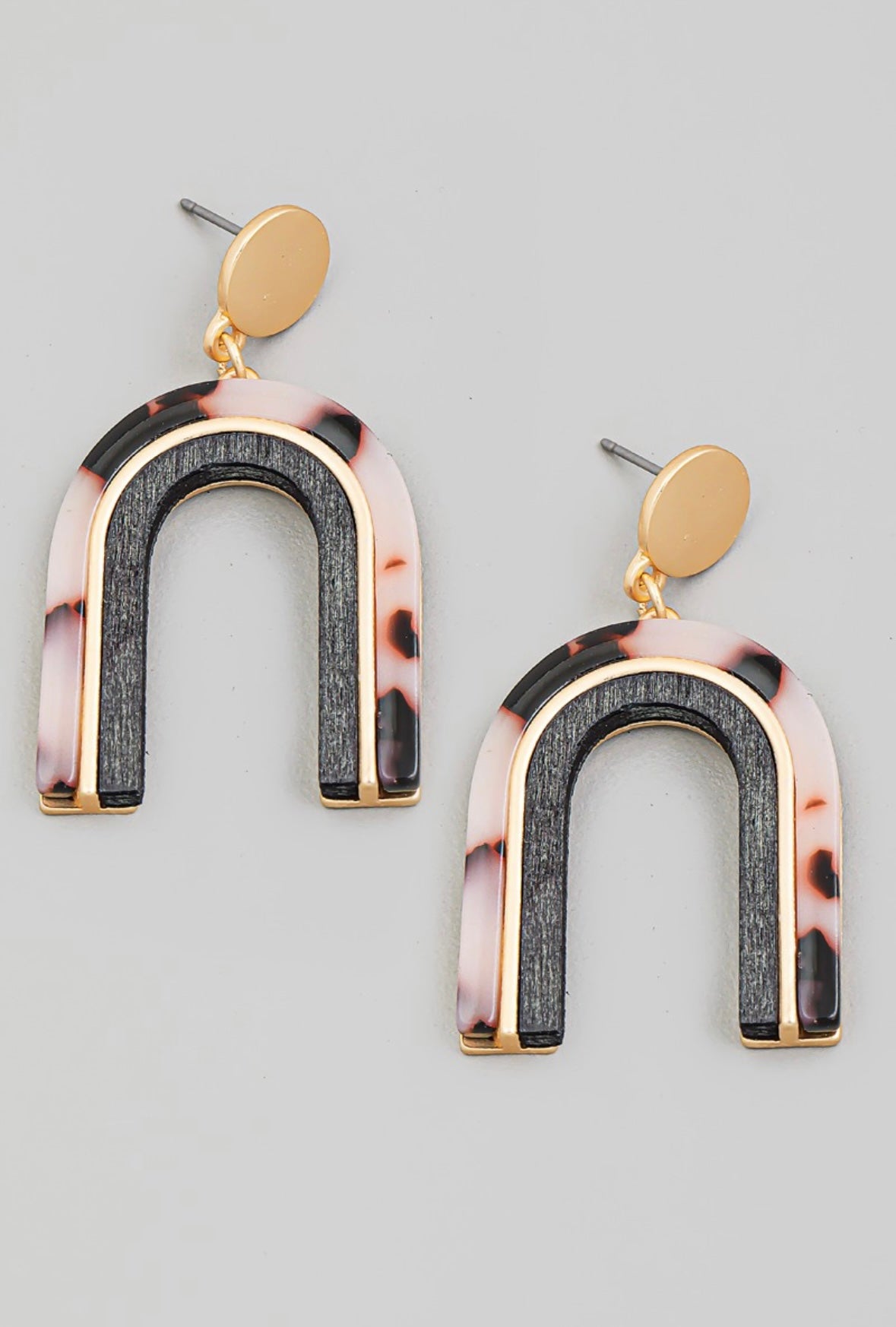 Wood and Acetate Arch Drop Earrings- White Tortoise