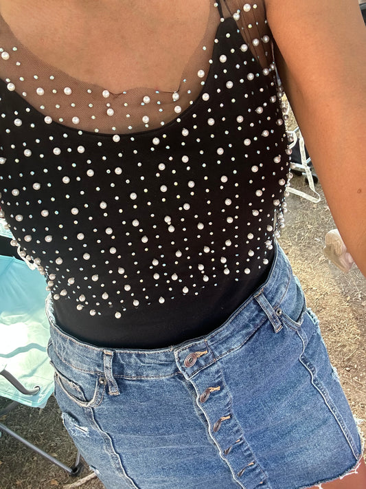 Pearl and Rhinestone Sheer Crop- Black