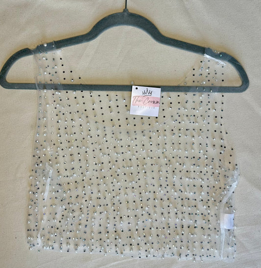 Pearl and Rhinestone Sheer Crop-Ivory