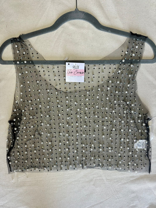 Pearl and Rhinestone Sheer Crop- Black