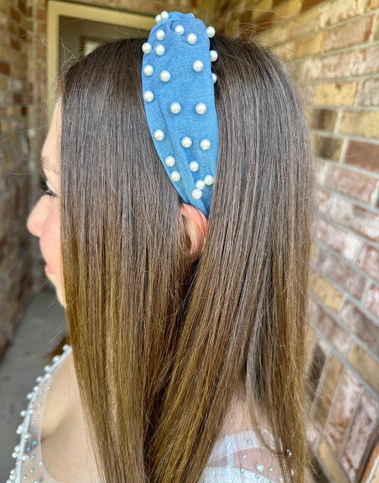 Denim and Pearl Topknot Headband