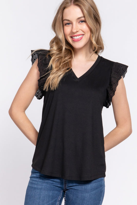 Eyelet Sleeve V-Neck Top-Black