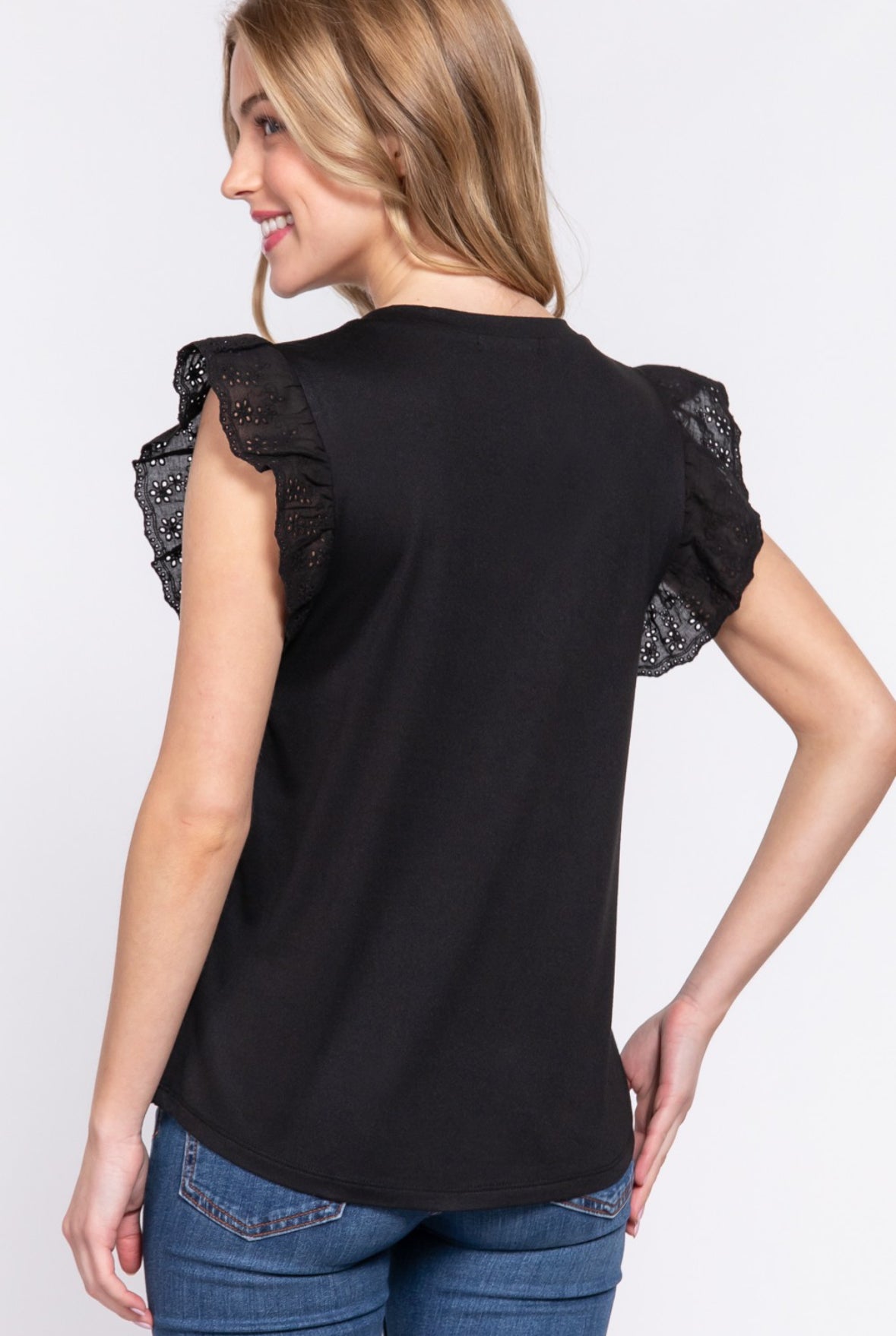 Eyelet Sleeve V-Neck Top-Black