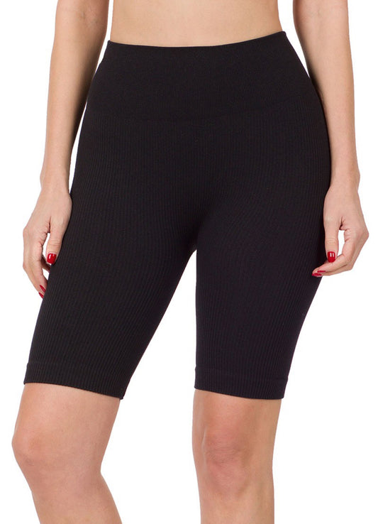 Seamless Ribbed High Waisted Biker Shorts-Black