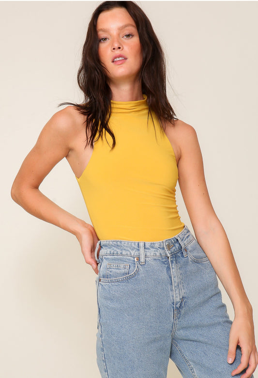 High Neck Sleeveless Top-Mustard