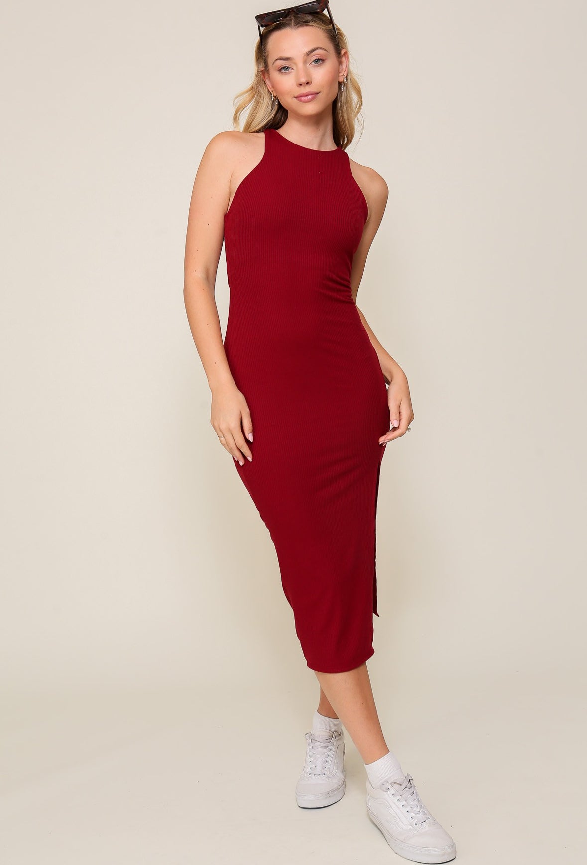 High Neck Ribbed Bodycon Midi Dress-Burgundy