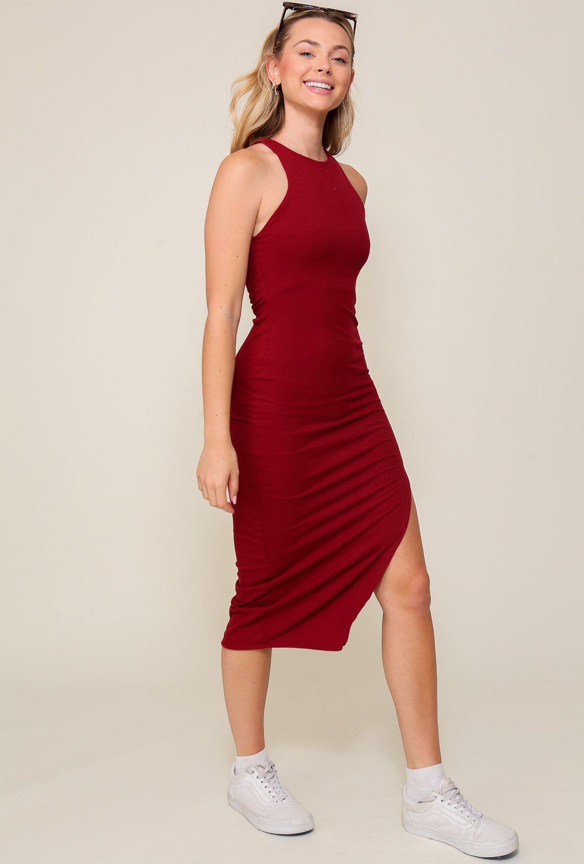 High Neck Ribbed Bodycon Midi Dress-Burgundy