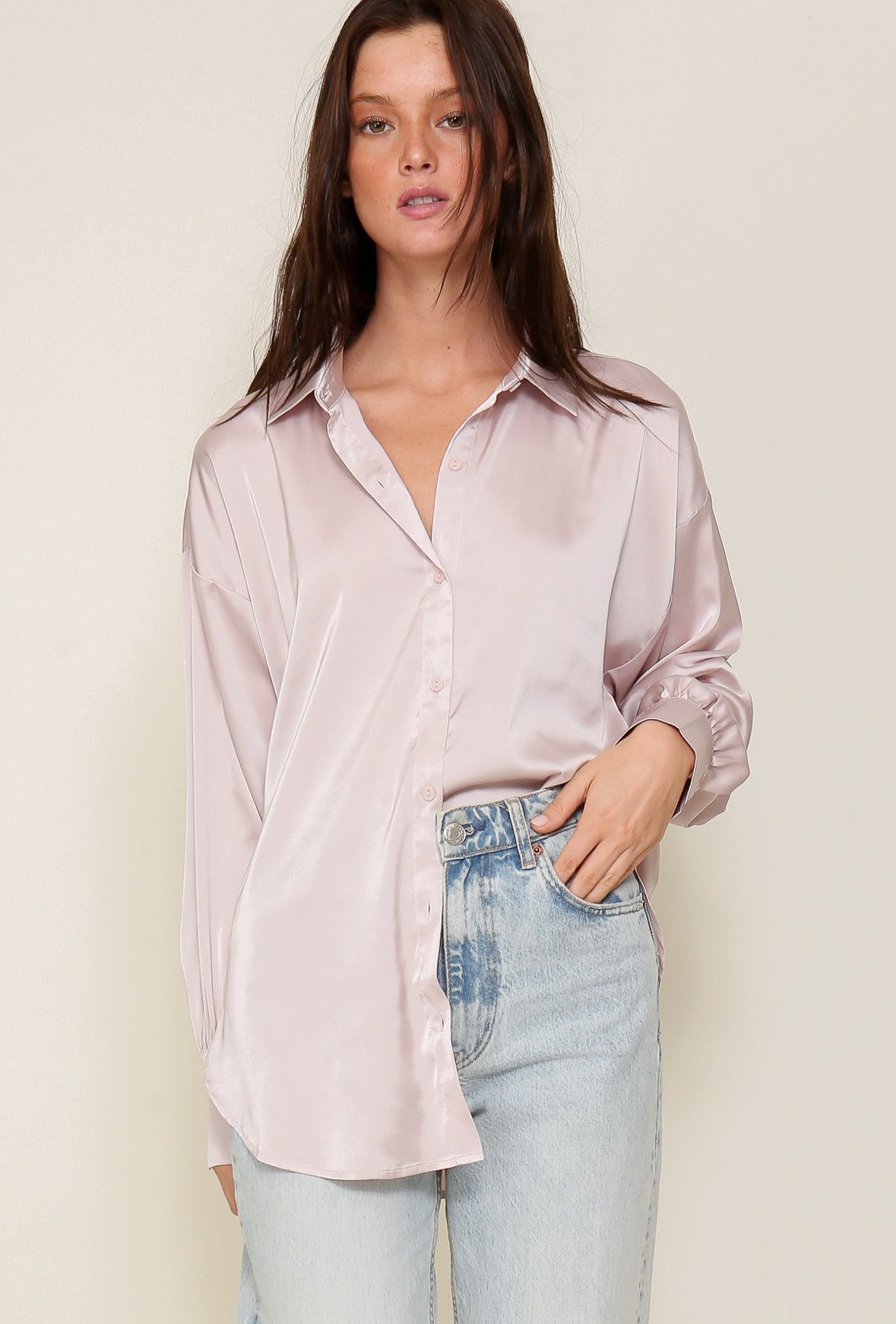 Satin Long Sleeve Button Down Top-Champagne