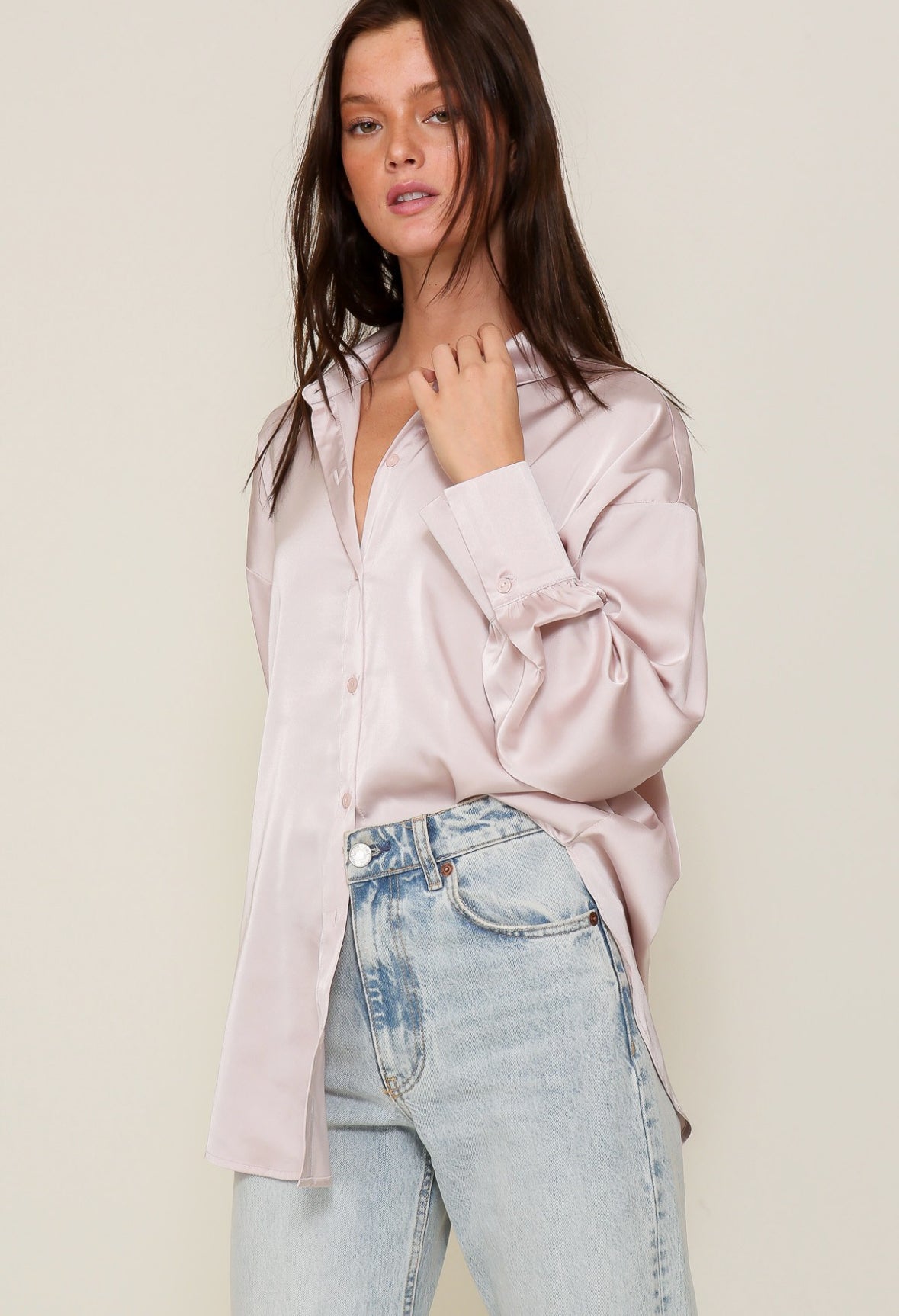 Satin Long Sleeve Button Down Top-Champagne