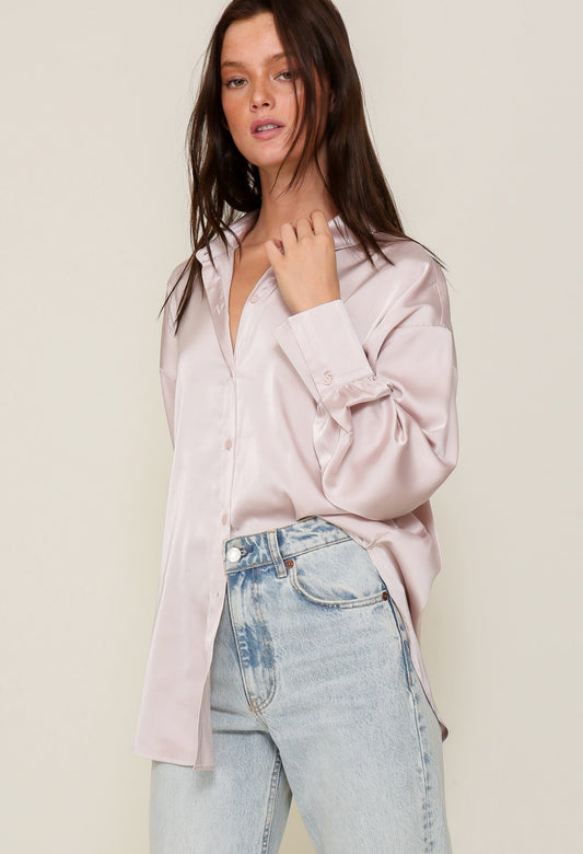 Satin Long Sleeve Button Down Top-Champagne