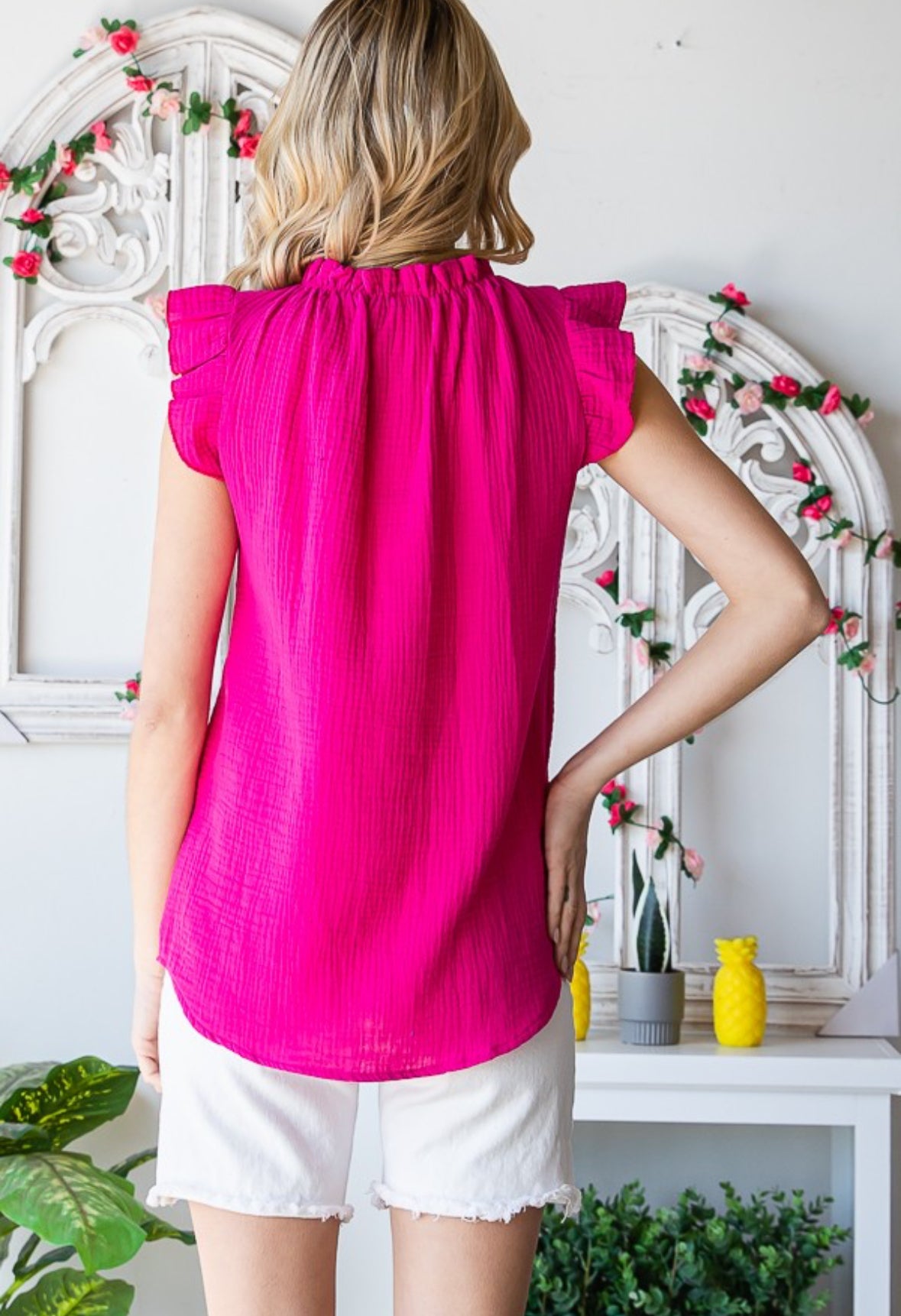 Mock Neck Ruffle Sleeve Top-Fuchsia