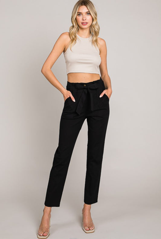 High Waist Front Tied Pants-Black