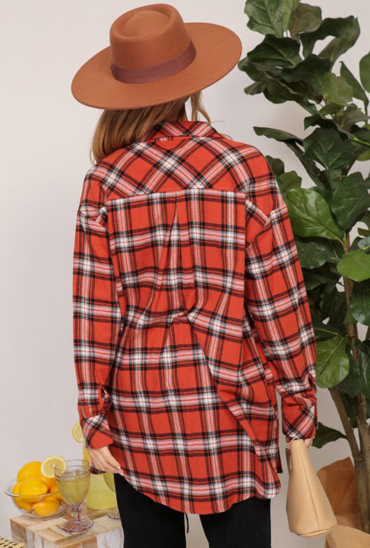 Oversized Long Sleeve Plaid Top-Rust Combo