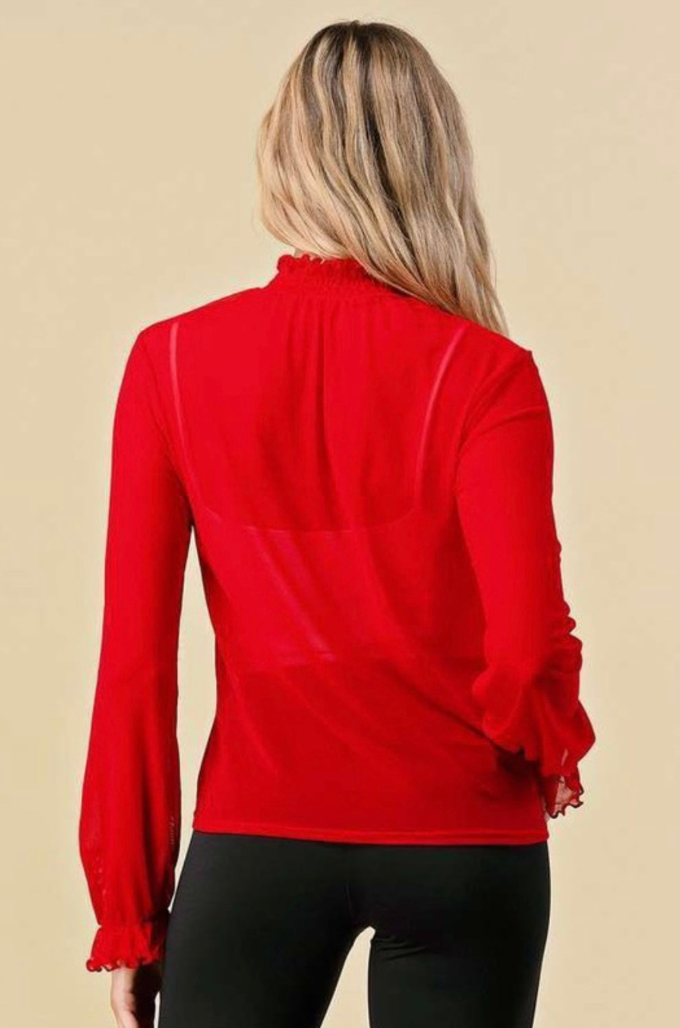 Sheer Long Sleeve Top-Red