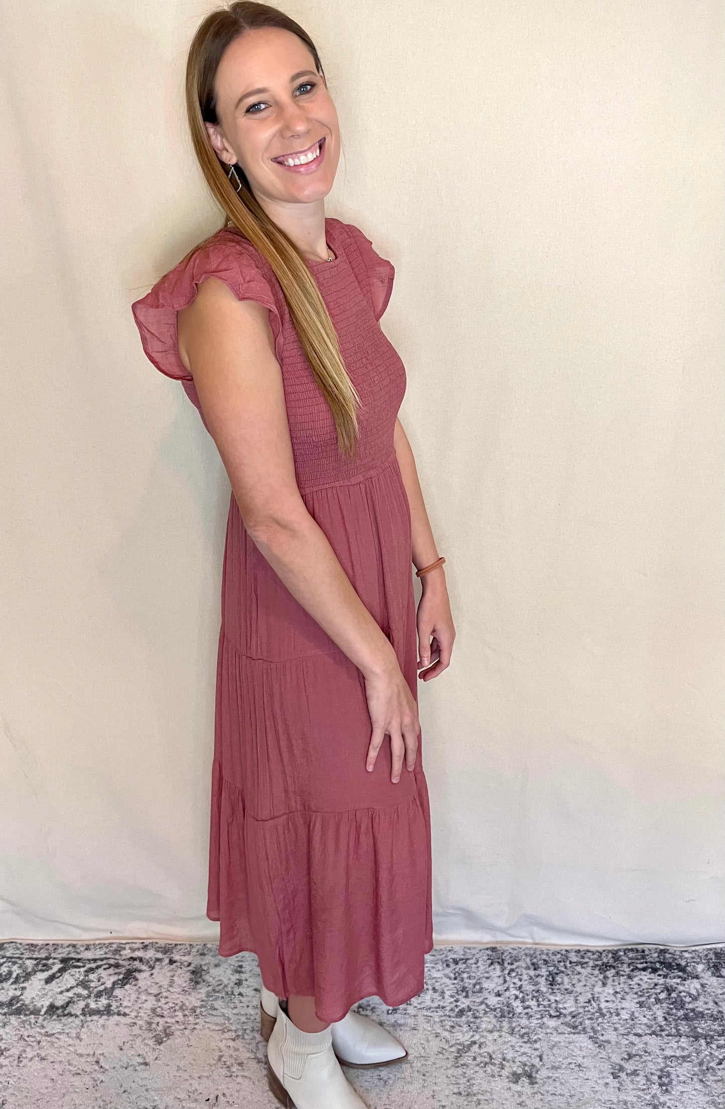 Mauve Smocked Midi Dress