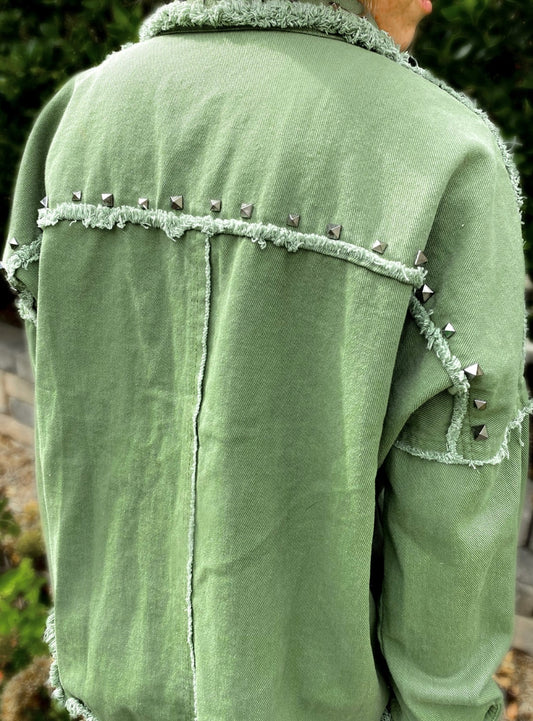 Studded Denim Jacket Army Green