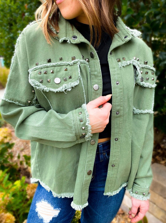 Studded Denim Jacket Army Green