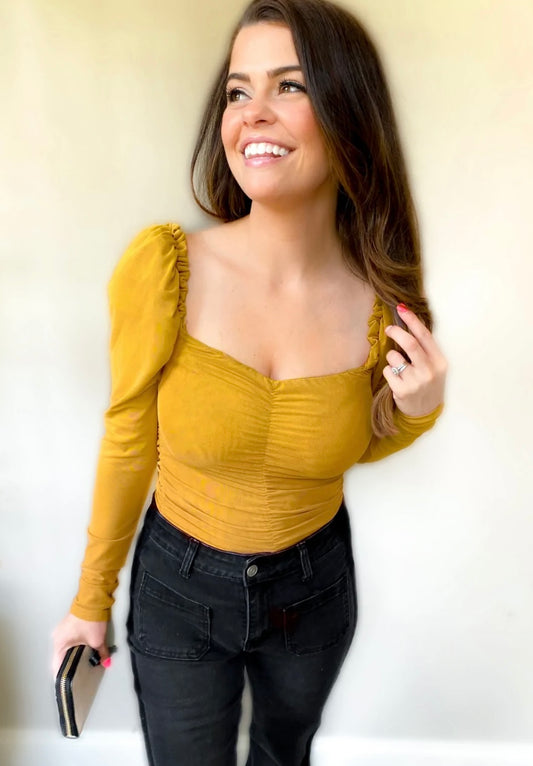 All Over Ruched Bodysuit- Mustard