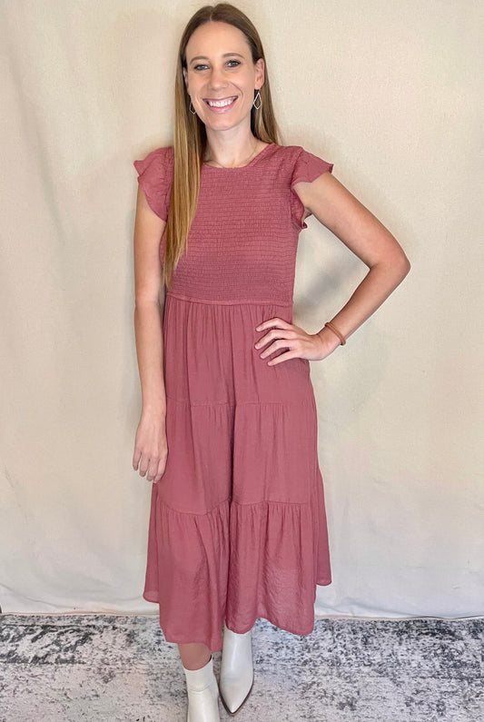 Mauve Smocked Midi Dress