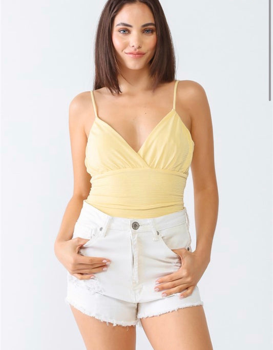 Ruched Yellow V Neck Bodysuit