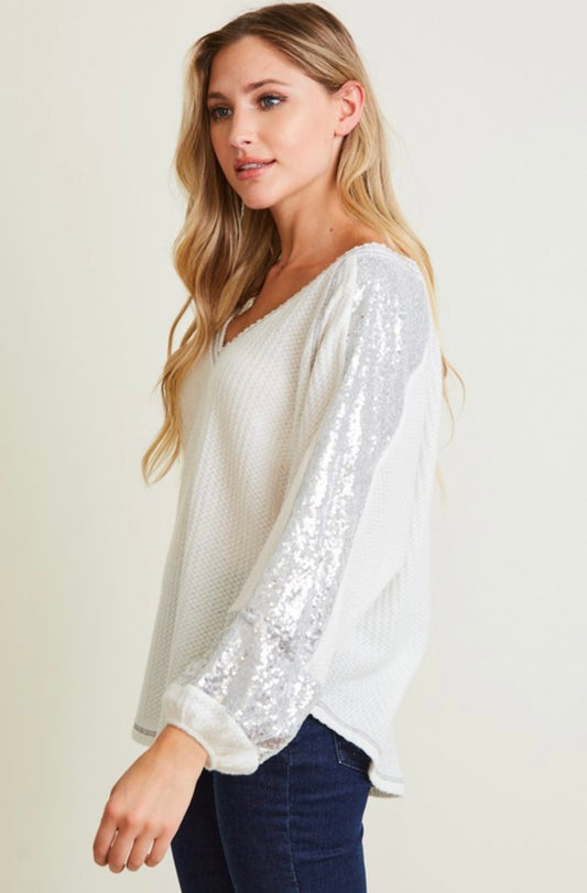 Waffle Sequin Sleeve Top