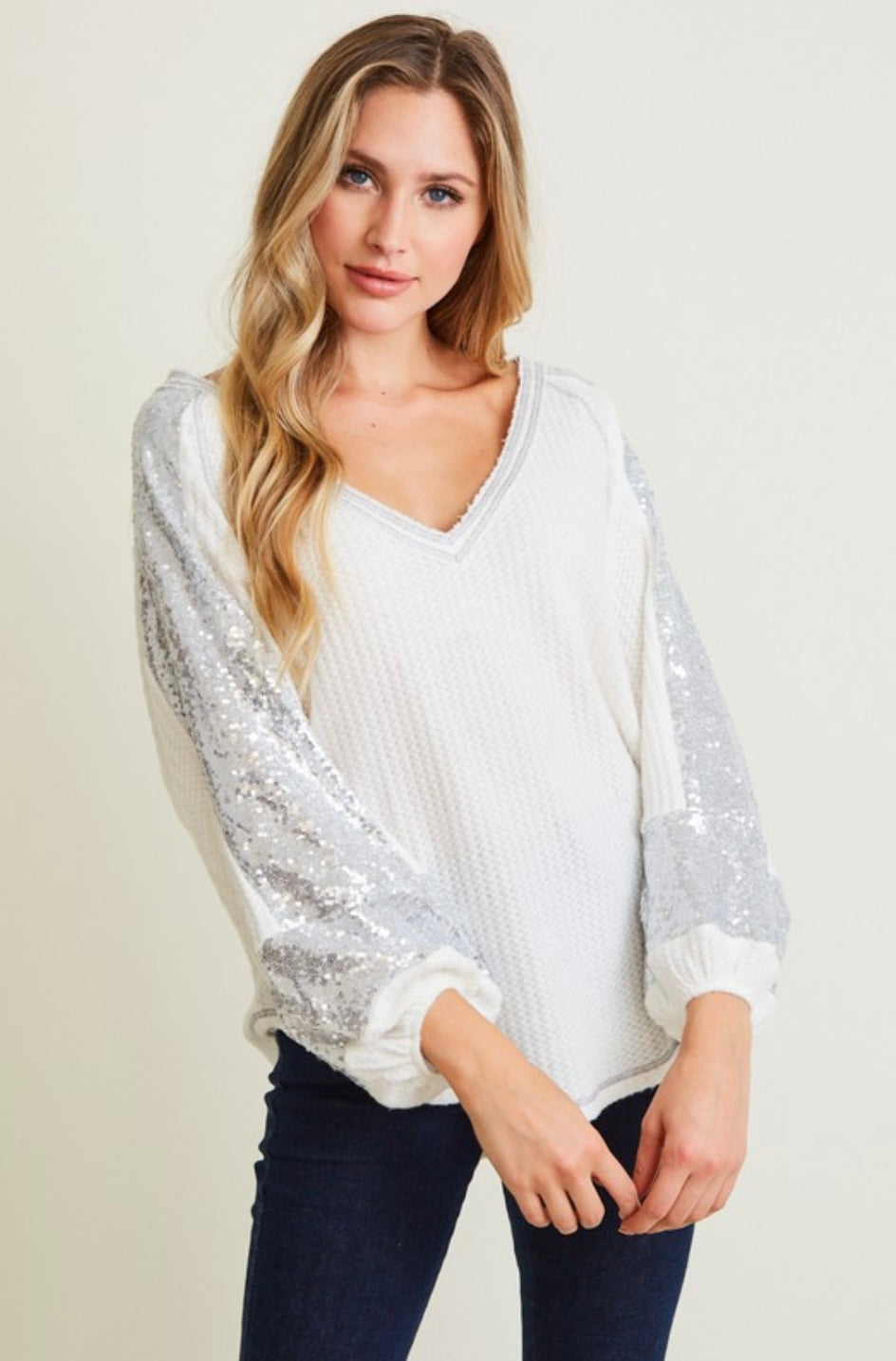 Waffle Sequin Sleeve Top