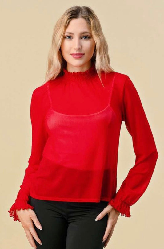 Sheer Long Sleeve Top-Red