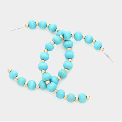 Turquoise Wood Beaded Hoop Earrings